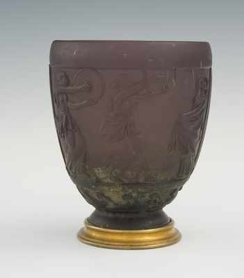 Appraisal: G deFeure Cast Glass Vase with Bronze Base Violet color