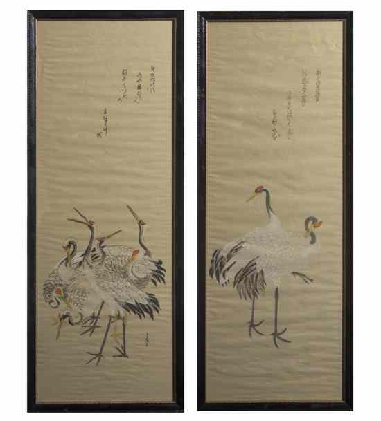 Appraisal: A Pair of Scroll Paintings each depicting cranes having characters