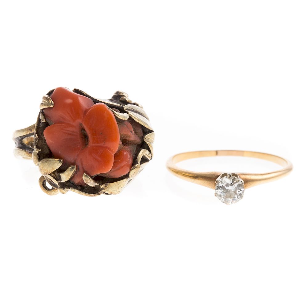 Appraisal: A Vintage Coral Ring Diamond Solitaire in K K yellow