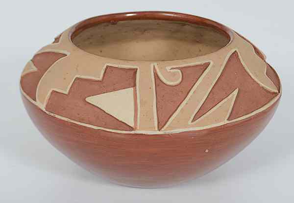 Appraisal: San Juan Carved Redware Bowl unsigned shoulder carved with stepped