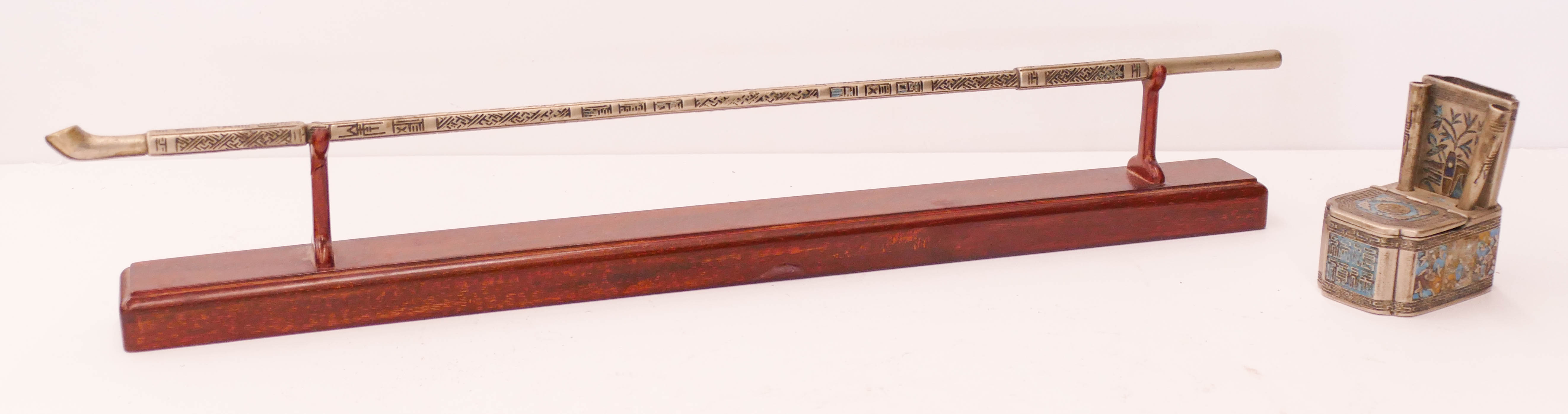 Appraisal: pc Chinese Qing Enameled Metal Pipes Includes a long opium