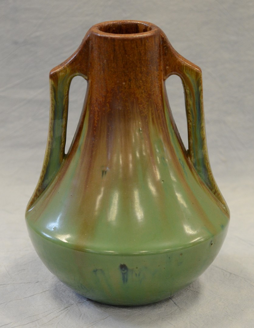 Appraisal: Fulper Pottery green brown double handled vase some crystalline in