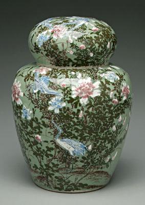 Appraisal: Chinese celadon lidded jar pair of cranes within flowering plants