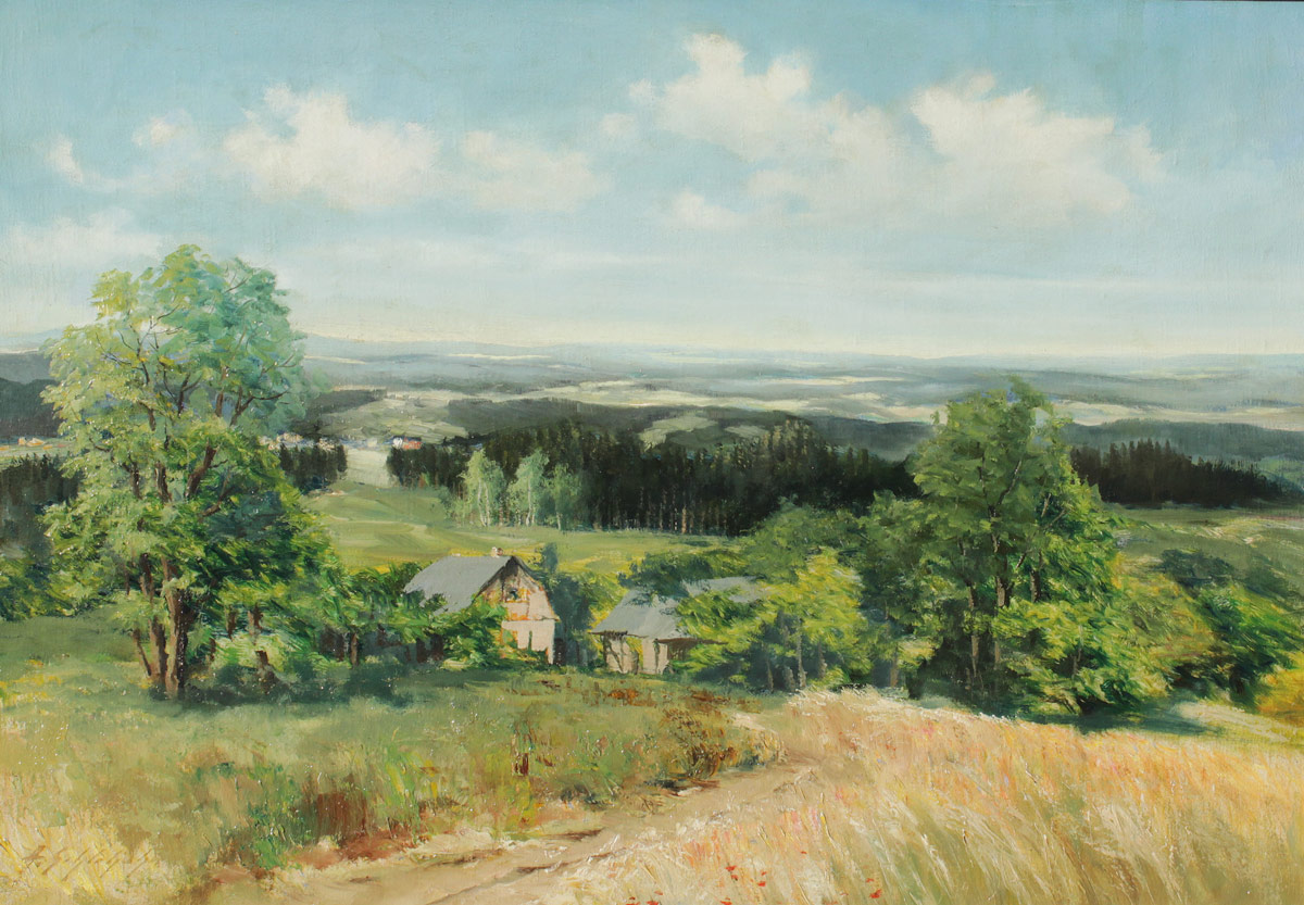 Appraisal: SCHLEHAHN Albin German - Panoramic Landscape with Farm House Oil