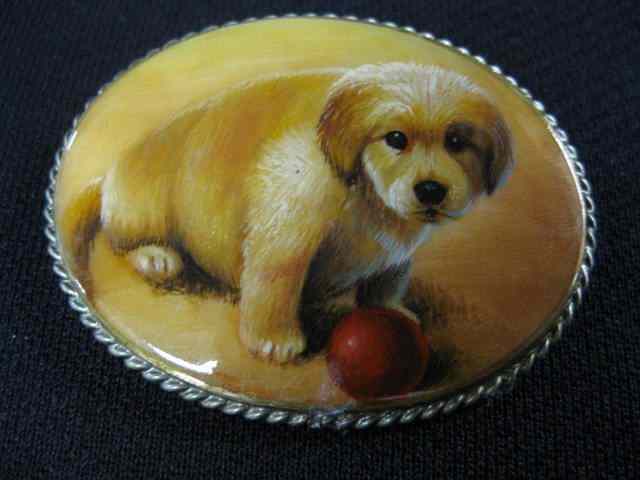 Appraisal: Russian Brooch miniature painting of dog ball oval on abalone