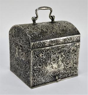 Appraisal: Dutch Engraved Courting Scene Silver Tea Caddy NETHERLANDS EARLY TH