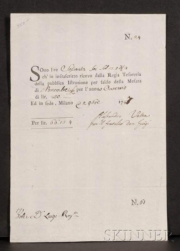 Appraisal: Volta Alessandro - Signed document and inscribed por il fratello