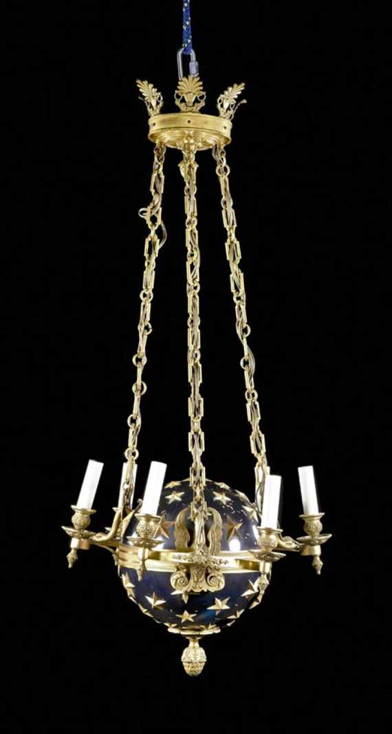 Appraisal: CHANDELIER WITH CELESTIAL GLOBE Empire style Paris circa Matte and