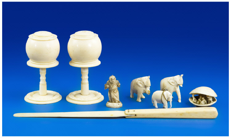 Appraisal: Small Collection Of Ivory Items Comprising Salt And Pepper Letter