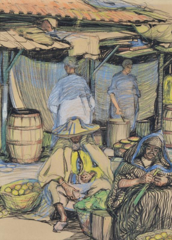 Appraisal: HILDA RIX NICHOLAS - Street Market Scene in Morocco charcoal