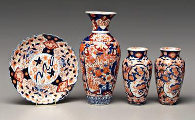 Appraisal: Four pieces Japanese imari pair conical vases cartouches of chrysanthemums