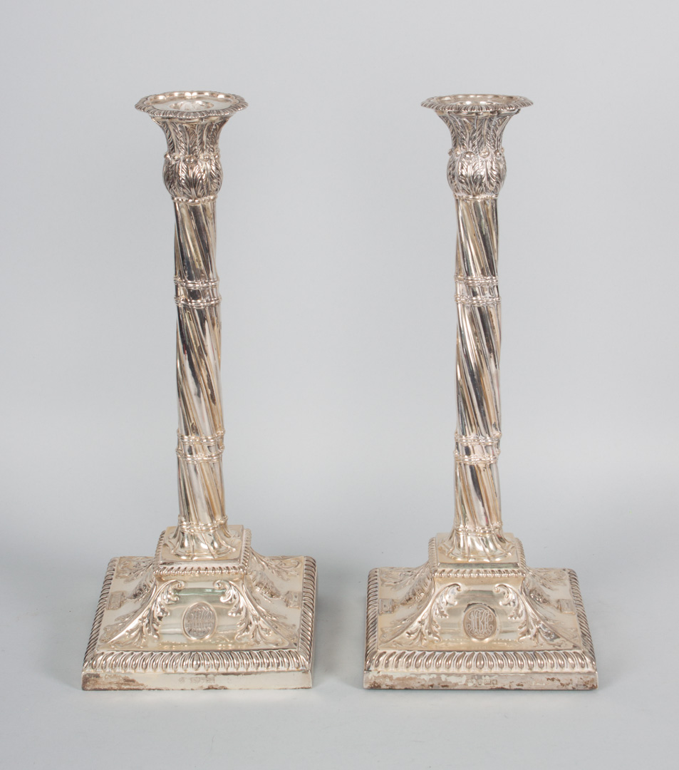 Appraisal: Pair of English silver weighted tall candlesticks William Hutton Sons