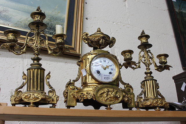 Appraisal: A TH CENTURY FRENCH GILT GARNITURE DE CHEMINEE CLOCK the