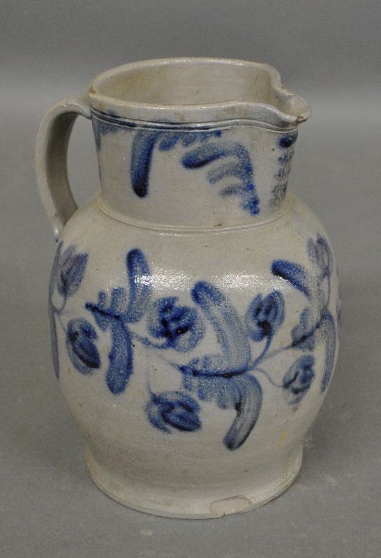 Appraisal: - One-gallon stoneware pitcher with extensive blue tulip decoration th