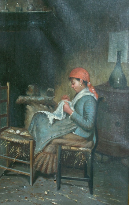 Appraisal: Continental School th Century Woman Sewing Estimate -