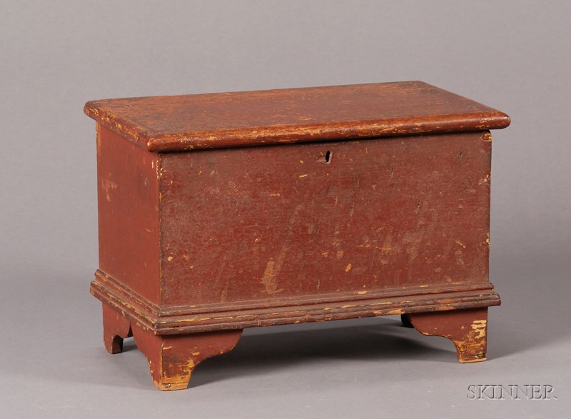 Appraisal: Miniature Red-painted Six-Board Chest America th century with interior till