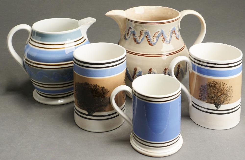 Appraisal: Two Mochaware Pitchers and Three Mugs H of tallest in