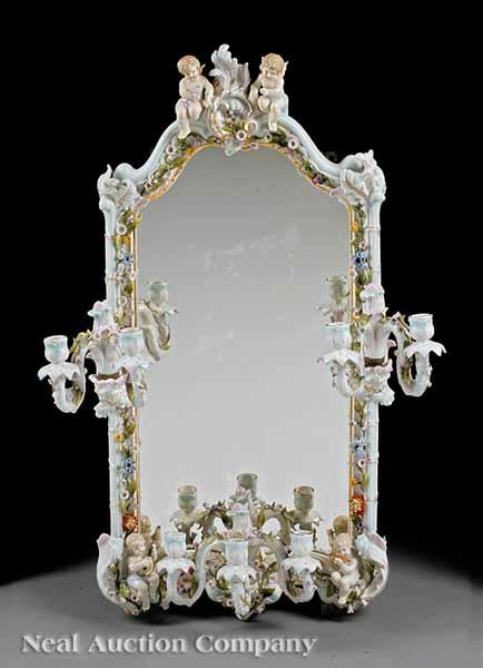 Appraisal: A Meissen-Style Porcelain Girandole Mirror th c arched crest with