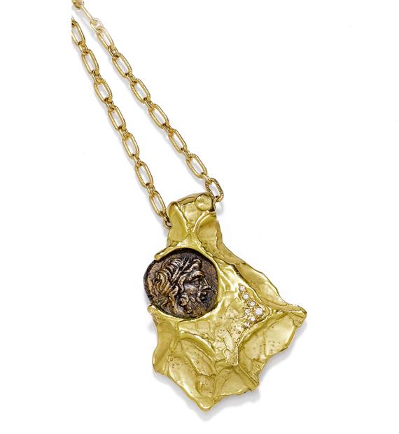 Appraisal: GOLD AND DIAMOND COIN PENDANT Yellow gold g Pendant of