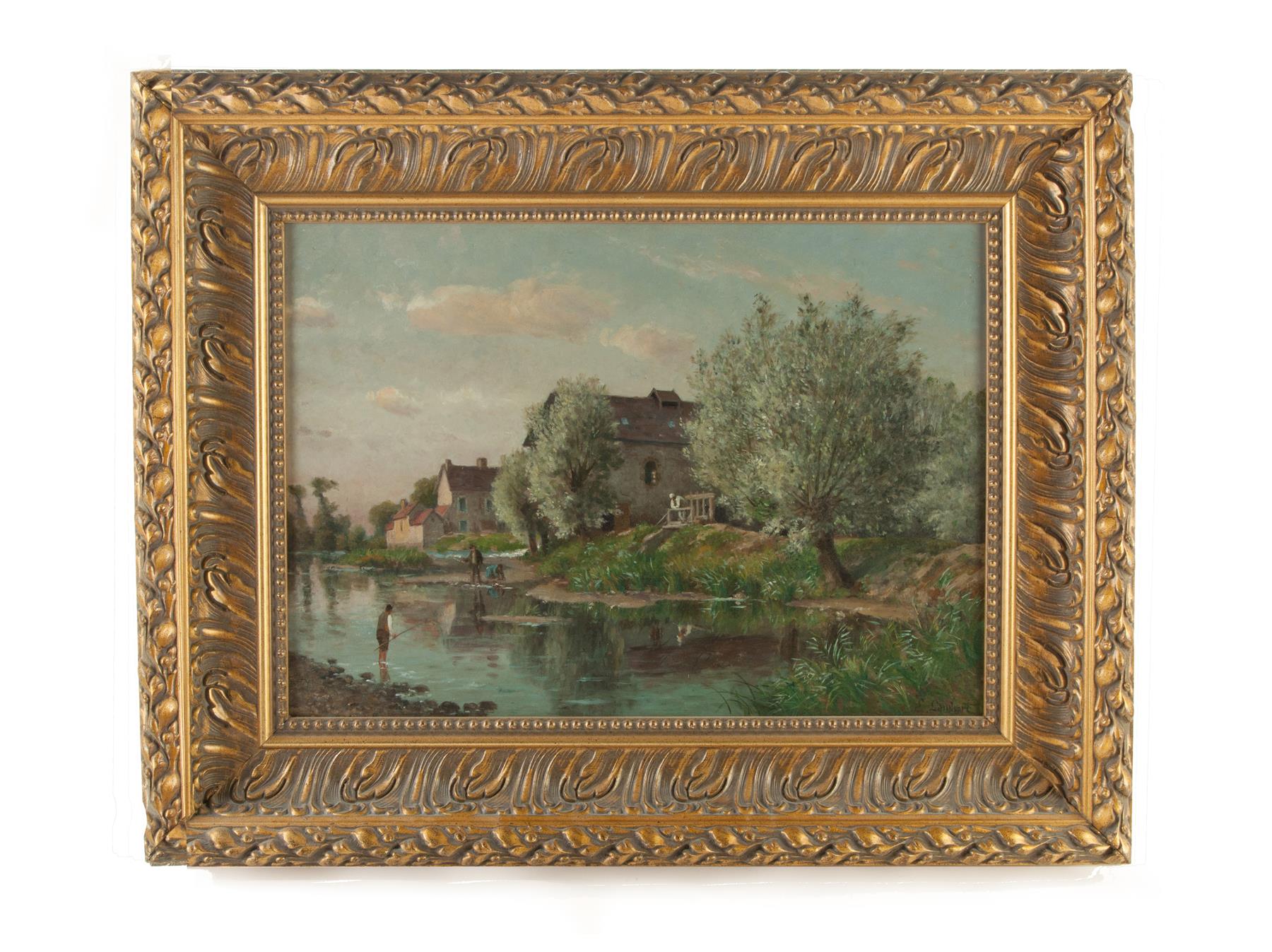 Appraisal: FRAMED RIVERSCAPE SIGNED E LAMBERT FRENCH LATE TH-EARLY TH CENTURY