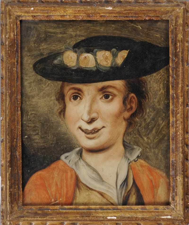 Appraisal: AUSTRIAN REVERSE PAINTING ON GLASS Showing the smiling head of