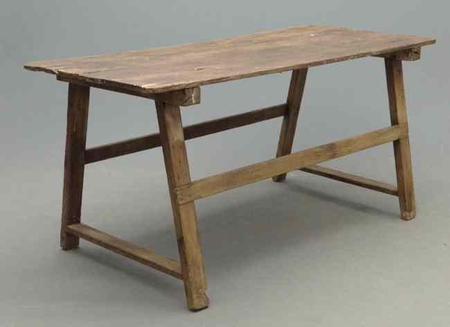 Appraisal: Primitive stretcher base farm table Top '' x '' ''