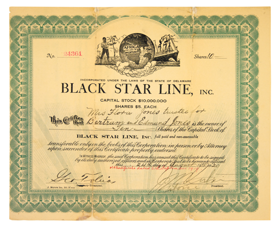 Appraisal: GARVEY MARCUS Black Star Line Stock Certificate Printed certificate accomplished