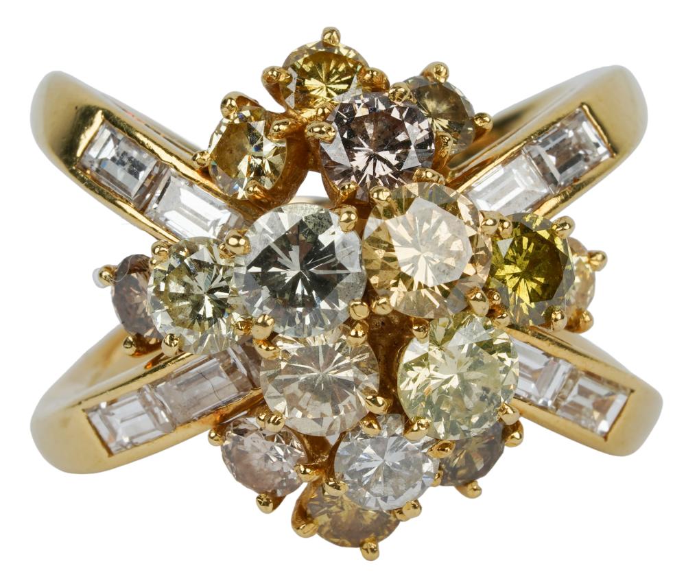 Appraisal: KARAT YELLOW GOLD MULTI-COLOR DIAMOND RINGcontaining full and baguette cut