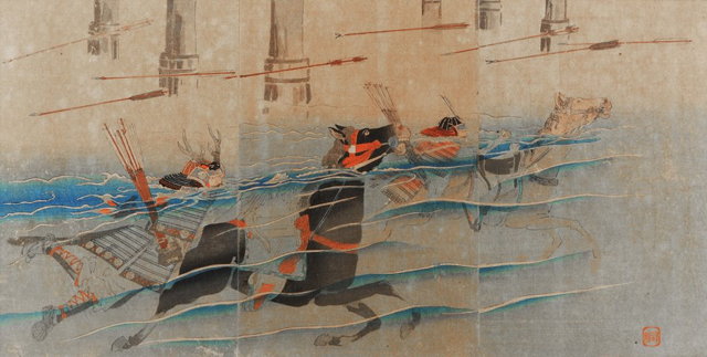 Appraisal: TH CENTURY JAPANESE SCHOOLSamurai on horseback going under water with