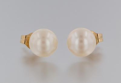 Appraisal: A Pair of Pearl Earrings k yellow gold posts and