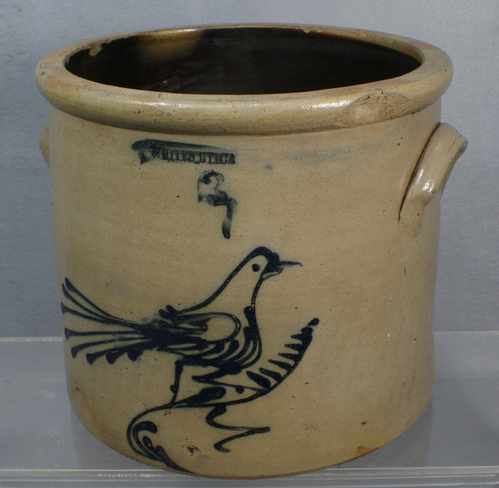 Appraisal: gal blue bird decorated stoneware crock Whites Utica large chip