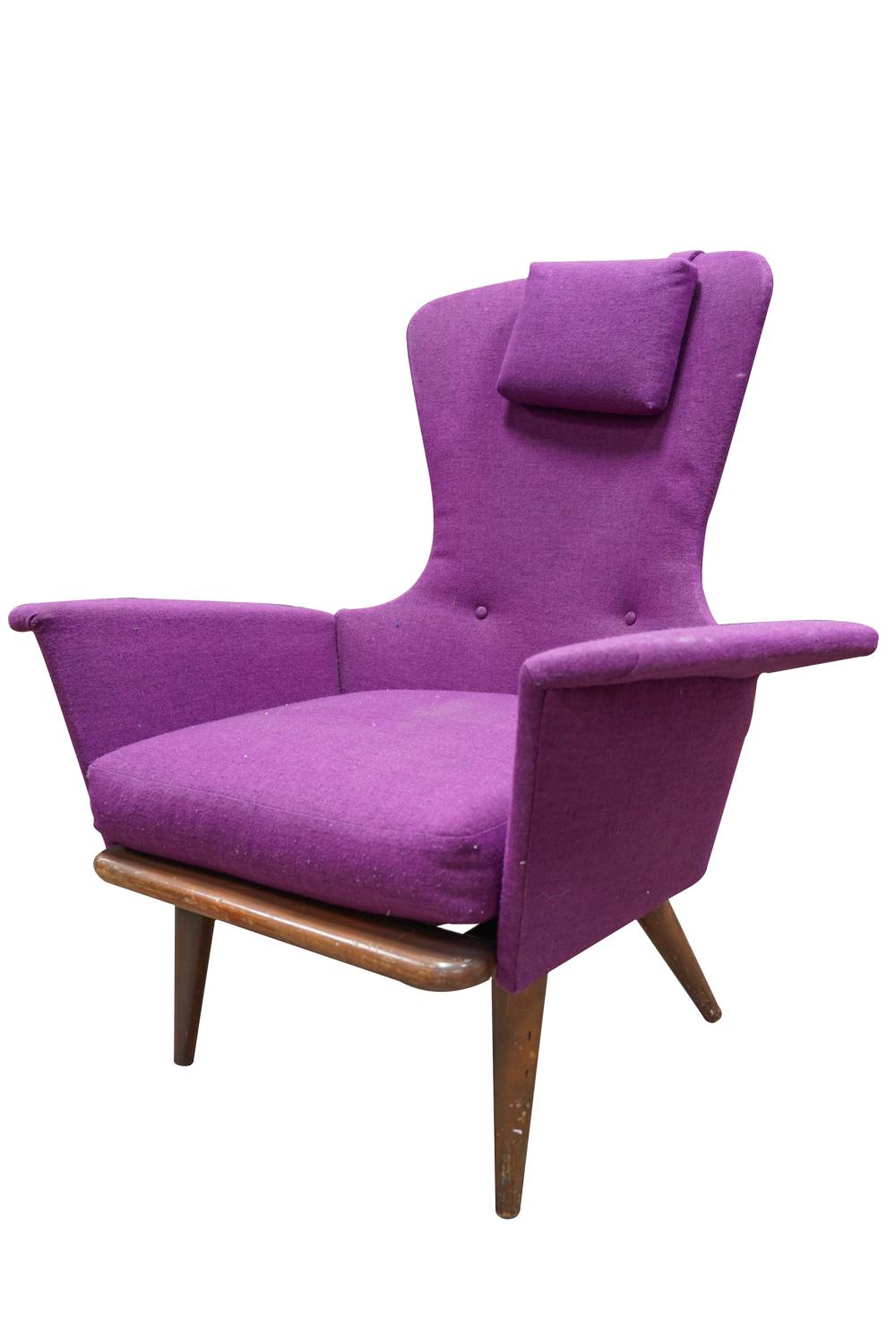 Appraisal: MID-CENTURY MODERN ARMCHAIRunsigned covered with purple fabric on wooden legs