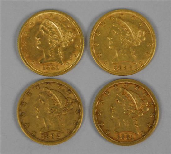 Appraisal: FOUR UNITED STATES LIBERTY HEAD FIVE DOLLAR GOLD COINS dated