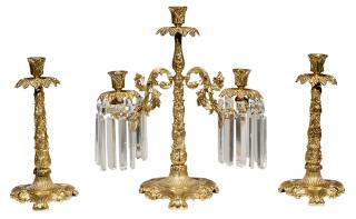 Appraisal: Gilt Bronze Candelabra and Pair Matching Candlesticks probably French late