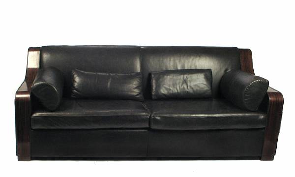 Appraisal: A contemporary black leather and macassar sofa and armchair 's