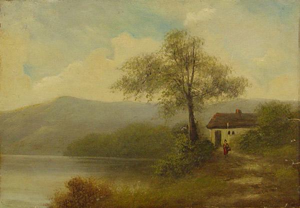 Appraisal: LAKESIDE LANDSCAPE WITH MOUNTAIN PAINTING SIGNED THOMAS GILL Also feature