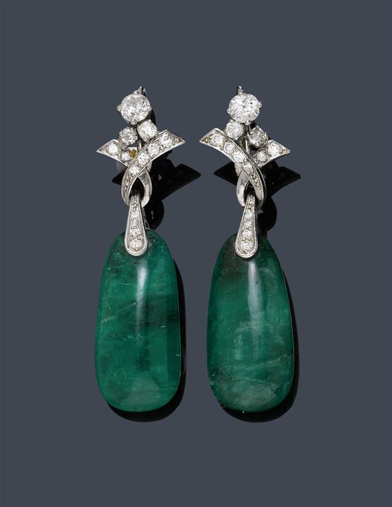 Appraisal: EMERALD AND DIAMOND EAR PENDANTS ca White gold Fancy ear