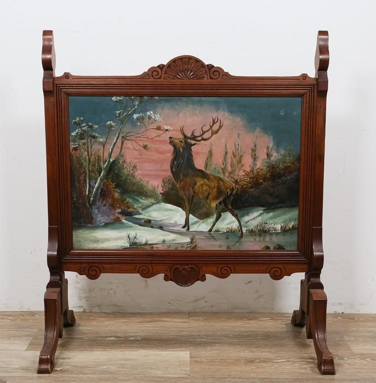 Appraisal: Reverse painted glass fireplace screen Buck in winter landscape H