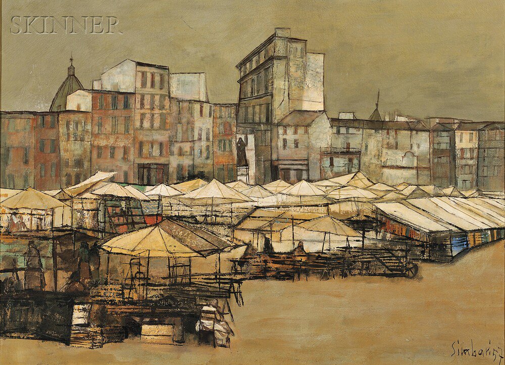 Appraisal: Nicola Simbari Italian - Coastal View with Umbrellas Signed and