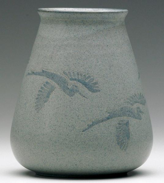 Appraisal: MARBLEHEAD Early tapered vase carved and painted with herons in