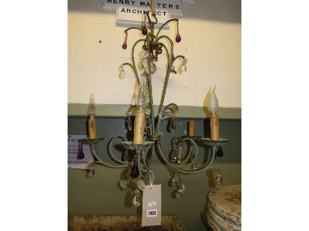 Appraisal: A decorative iron framed hanging five branch ceiling light with