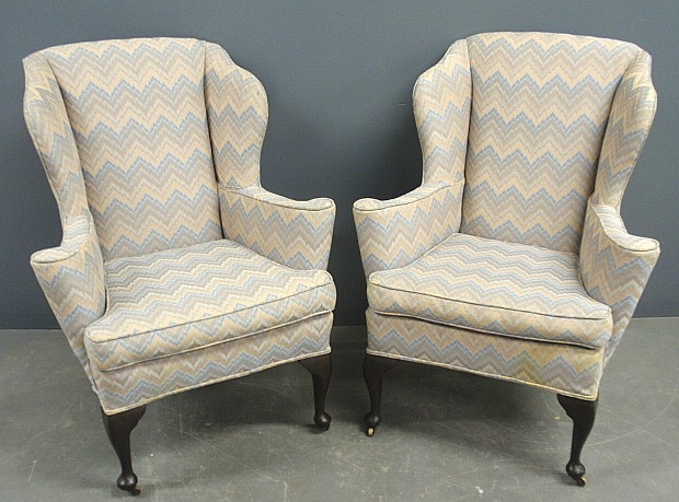 Appraisal: - Pair of Queen Anne style mahogany wing chairs h