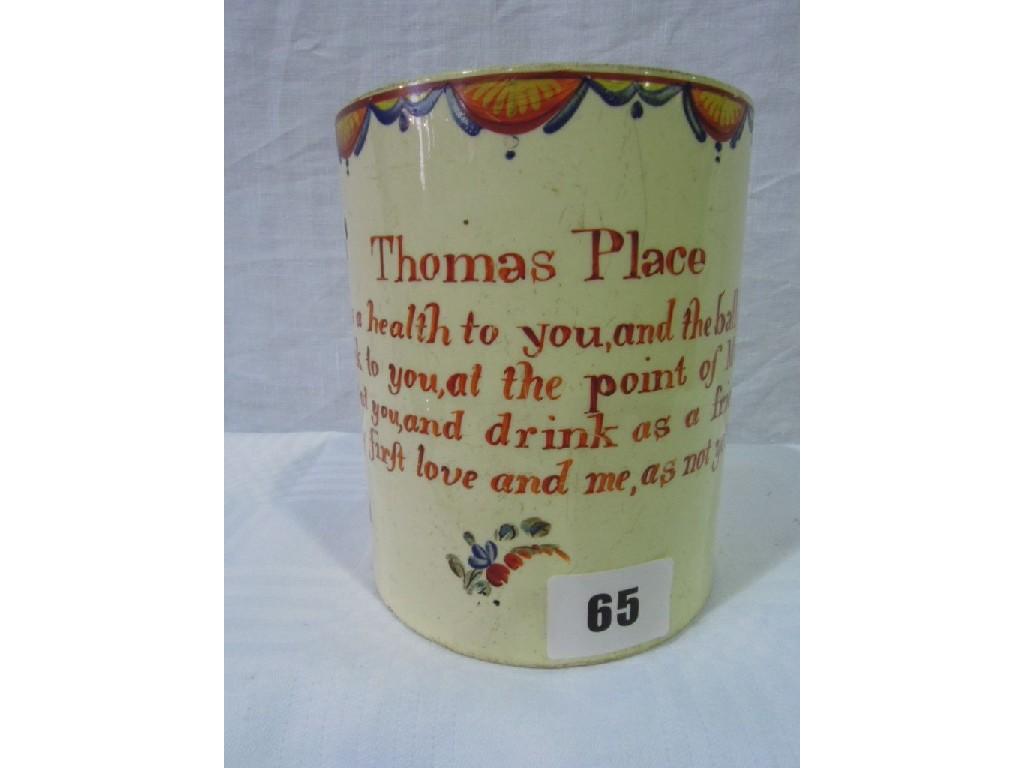 Appraisal: An early th century creamware presentation tankard with inscription -