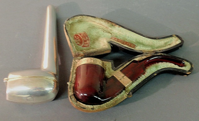 Appraisal: English silver pipe case hallmarked l and a Bakelite pipe