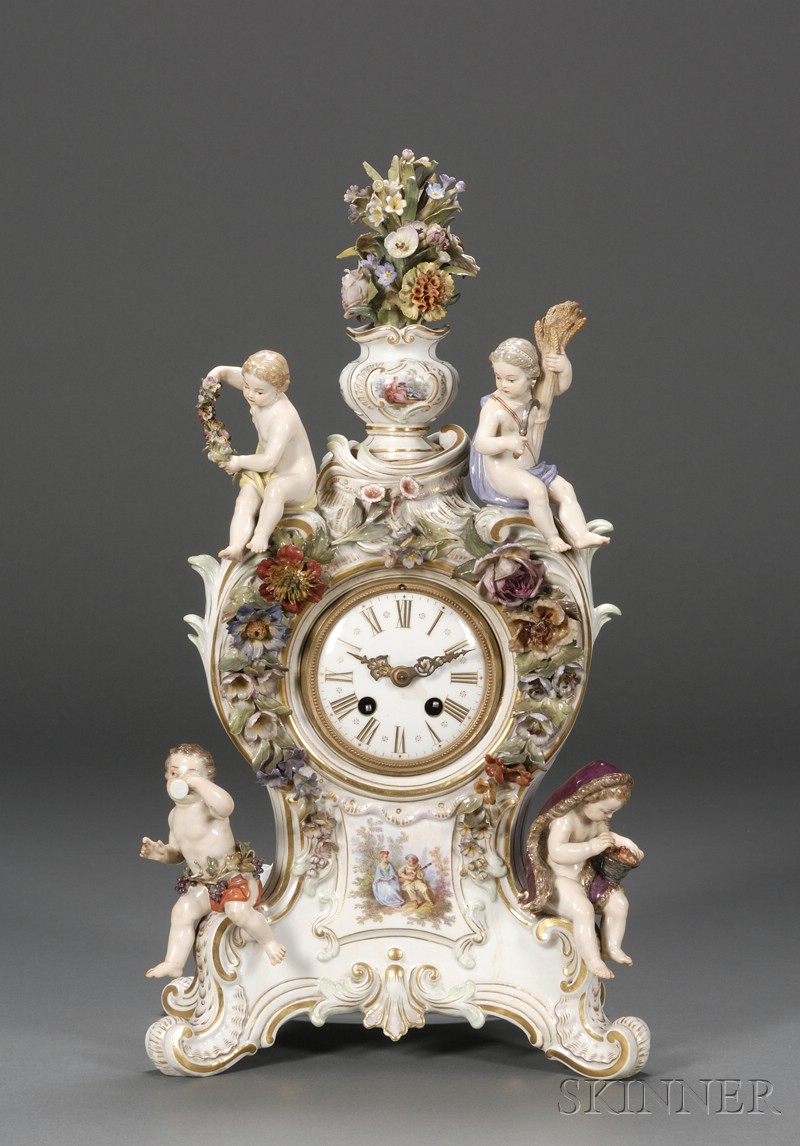 Appraisal: Meissen Porcelain Mantel Clock late th century with two train