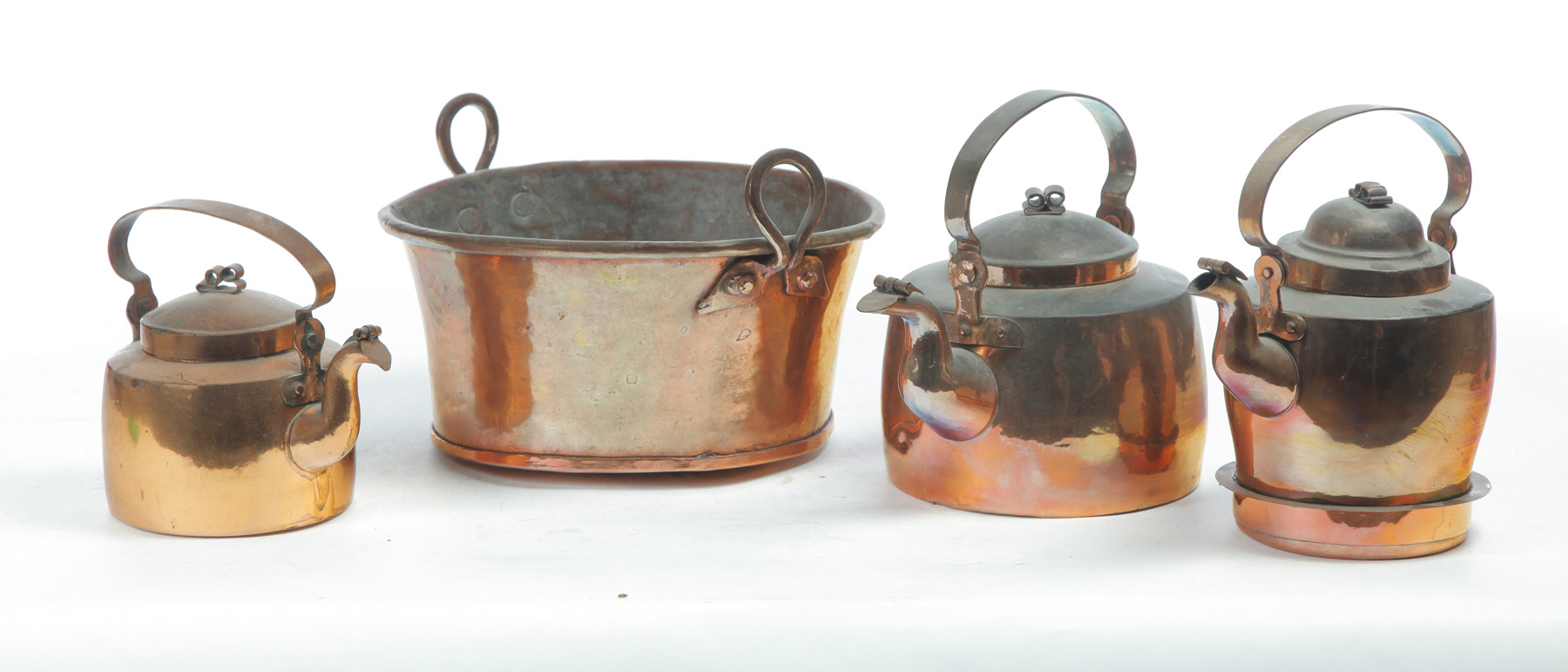 Appraisal: AMERICAN COPPER PAN AND THREE KETTLES Second half- th century