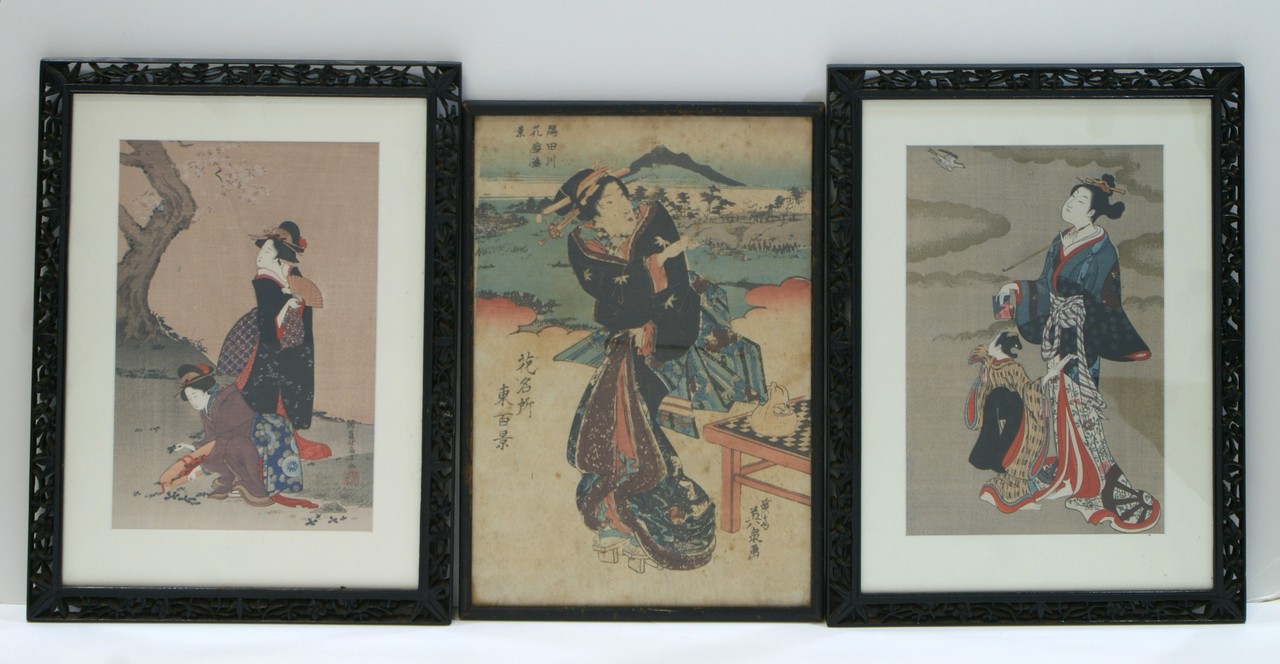 Appraisal: Japanese wood block prints th c in pierce carved hardwood