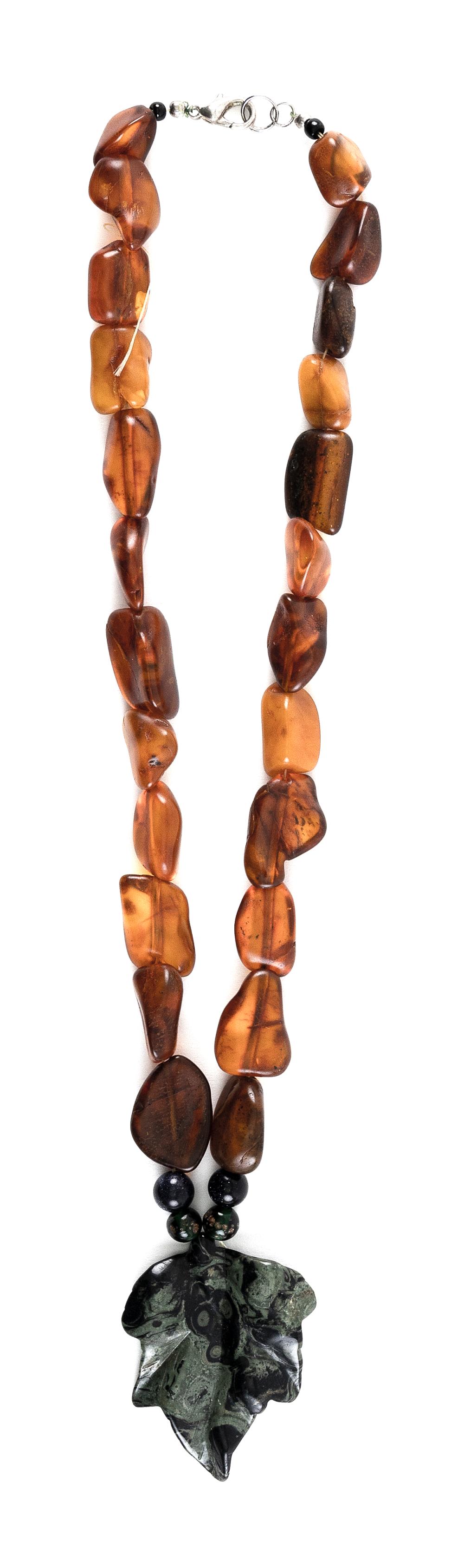 Appraisal: AMBER NECKLACE WITH KAMBABA JASPER STONE PENDANTAMBER NECKLACE WITH KAMBABA