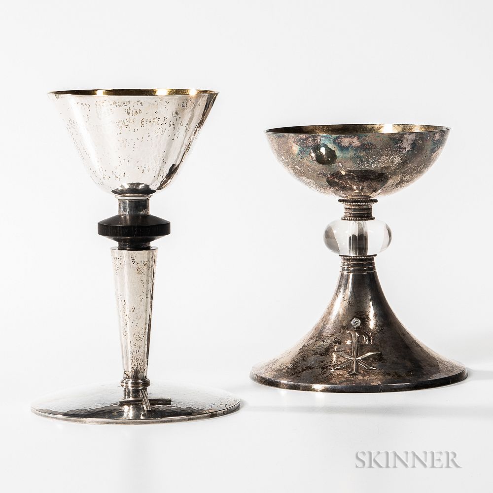 Appraisal: Two Ecclesiastic Silver Chalices Two Ecclesiastic Silver Chalices one Belgian