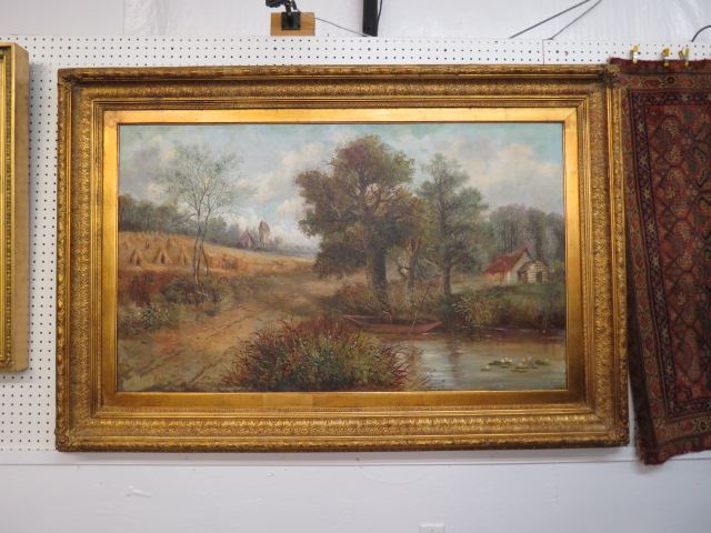 Appraisal: th Century Oil landscape with farmers and haystacks boat pond